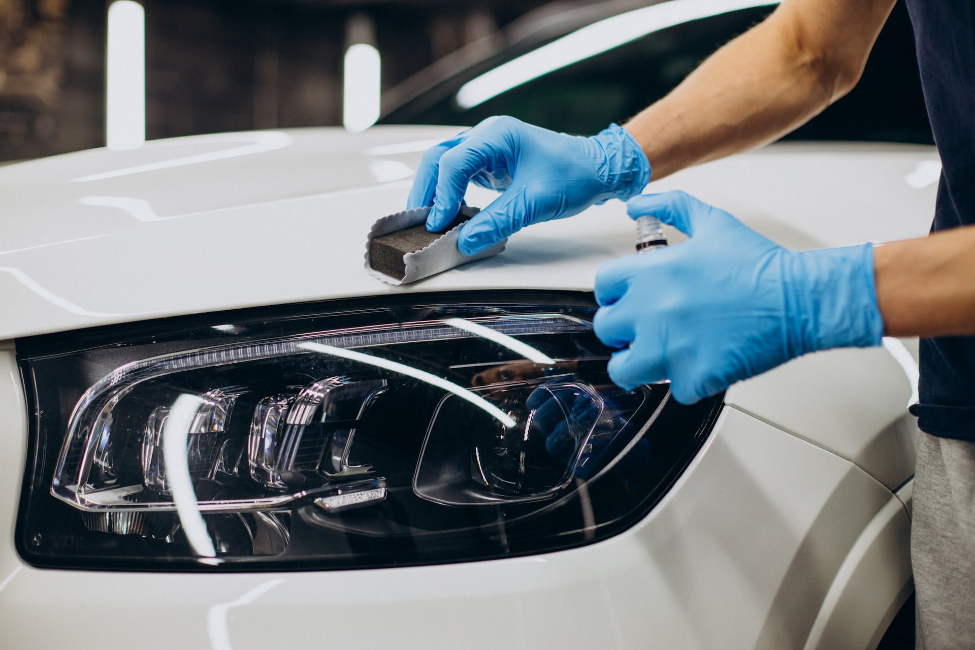 man working ceramic coating on a car